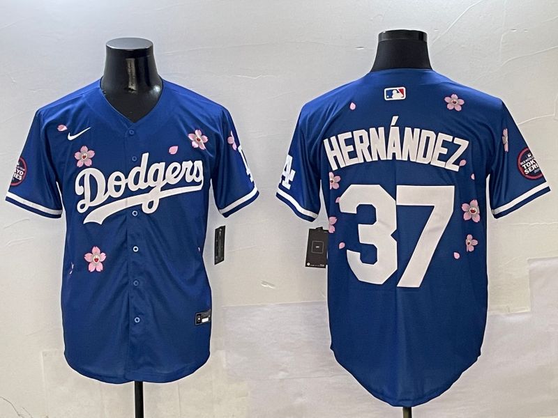Men Los Angeles Dodgers 37 Hernandez Blue Sakura Edition 2025 Nike MLB Jersey style 1